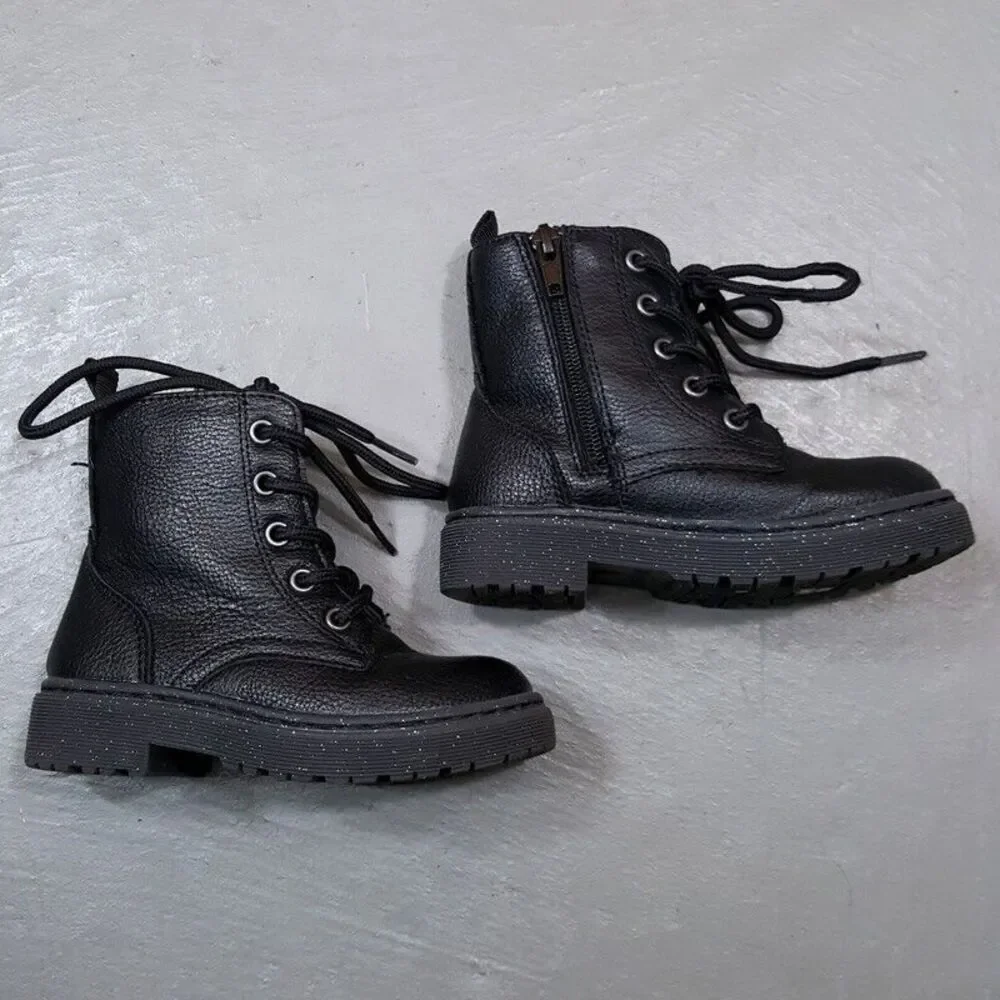 SINCERELY JULES Combat Boots Girls Size 8 Black Faux leather Side Zip Glitter